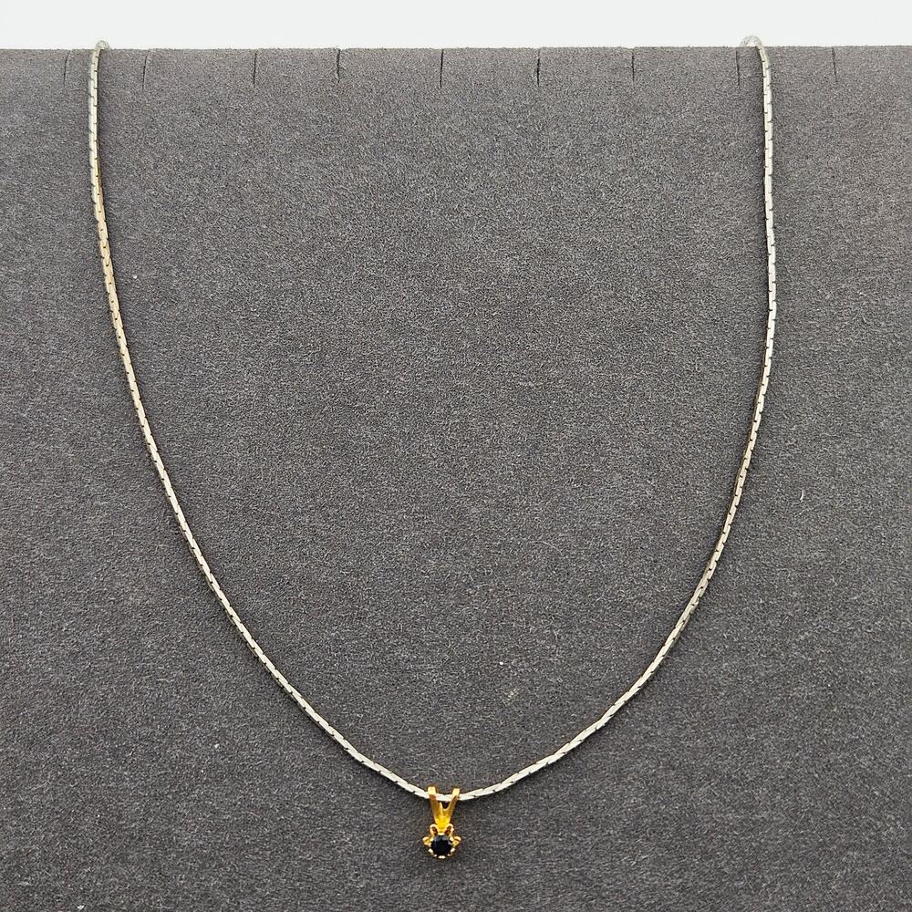 Two Tone Silver & Gold Tone Necklace Dark Blue Crystal Stone Charm Small Simple